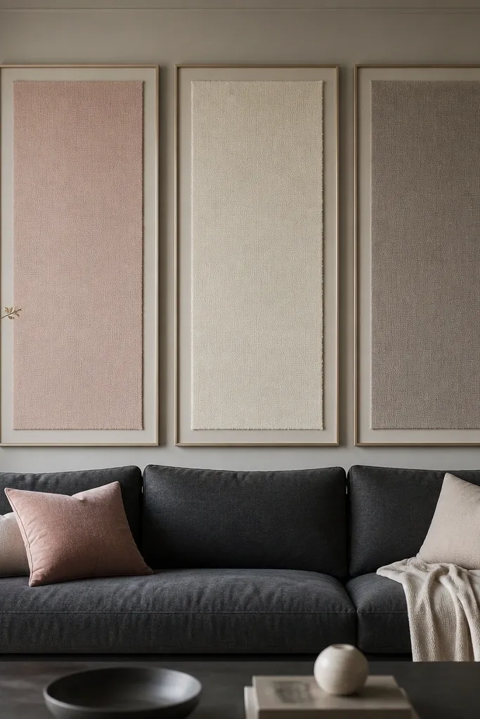 A sofa back wall with three tall panels arranged like a triptych. Each panel has a fabric swatch mounted behind glass or in a frame. Colors are blush, cream, and warm gray. The sofa is charcoal.