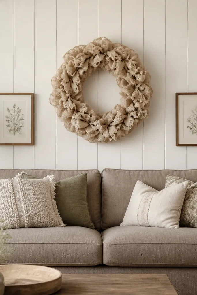 A sofa back wall with vertical shiplap-inspired faux planks painted off-white. A large linen wreath hangs centered above the sofa. Two small framed prints sit lower on either side. The sofa is a warm taupe.