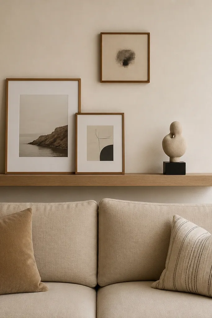 A floating ledge mounted behind a sofa. On the ledge, there are two leaning picture frames and one small sculpture. Above the ledge, there is a smaller artwork centered. The wall is light cream, and the sofa is light sand.