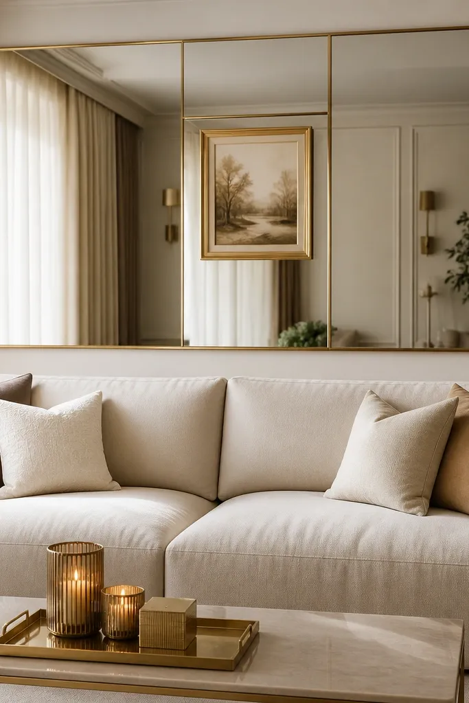 A mirrored panel installed behind the sofa, bordered with thin brass trim. The sofa is cream. A small brass-framed picture sits centered above or within the mirror border. A few gold-toned candles and a tray sit on a low table.