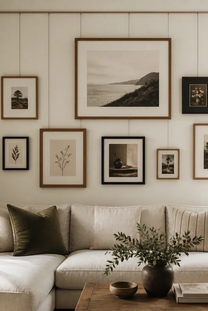 A vertical picture rail installed on the sofa back wall. Several frames hang at staggered heights using picture hooks. The frames are mostly wood and matte black, with one large print at the top center. The wall is warm white.