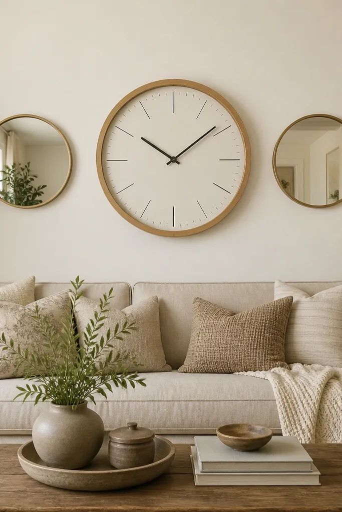 A sofa back wall with a large round wall clock centered above the sofa. On each side of the clock is a small round mirror. The clock has a light wood frame, and the wall is a soft cream.