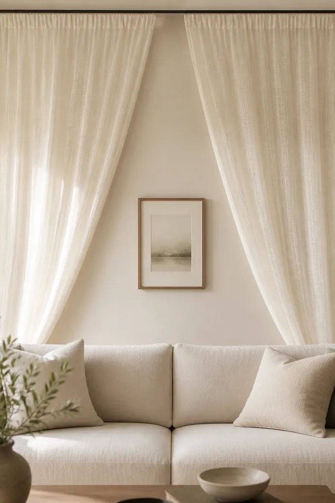 A sofa back wall with a ceiling track above the sofa. Two sheer fabric panels hang down, meeting near the center behind the sofa back. The wall is light beige, and the panels are in soft ivory with subtle texture. A small centered framed print sits on the wall below the midpoint.