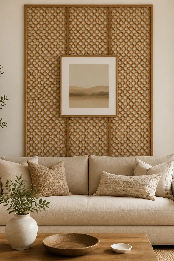 A rattan screen mounted vertically behind the sofa. The screen has an open lattice pattern. In the center above the screen, a small framed art piece hangs. The sofa is beige, and the wall is neutral.