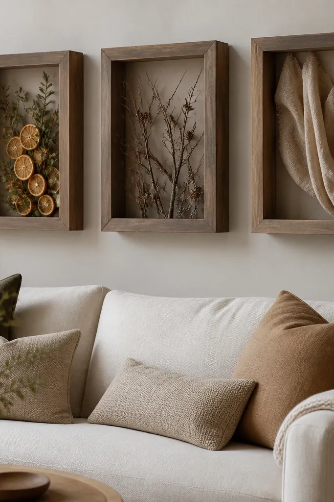 A set of three shadow boxes mounted on the sofa back wall. Each box has a deep frame. One box holds dried orange slices and greenery, another holds a winter twig arrangement, and the third holds neutral fabric. The sofa is cream.