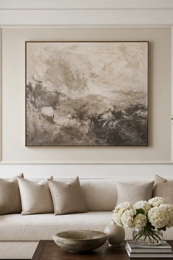 A sofa back wall with two layers: a large rectangular panel in off-white and, inside it, a smaller raised frame panel in a slightly darker cream. A large statement artwork hangs centered within the inner panel.