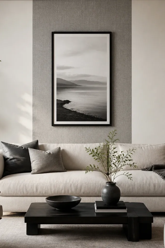 A living room wall where only a vertical stripe behind the sofa center has textured wallpaper in monochrome gray. The rest of the wall is smooth warm white. A single large black-framed print hangs centered over the stripe.