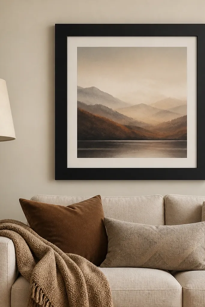 A cream wall behind a sofa shows one large framed print centered above the sofa back. The frame is matte black with a visible 2-inch border around the artwork. The artwork has muted earth tones and a soft gradient. A small floor lamp sits to the left, and a woven throw is draped over the sofa arm.