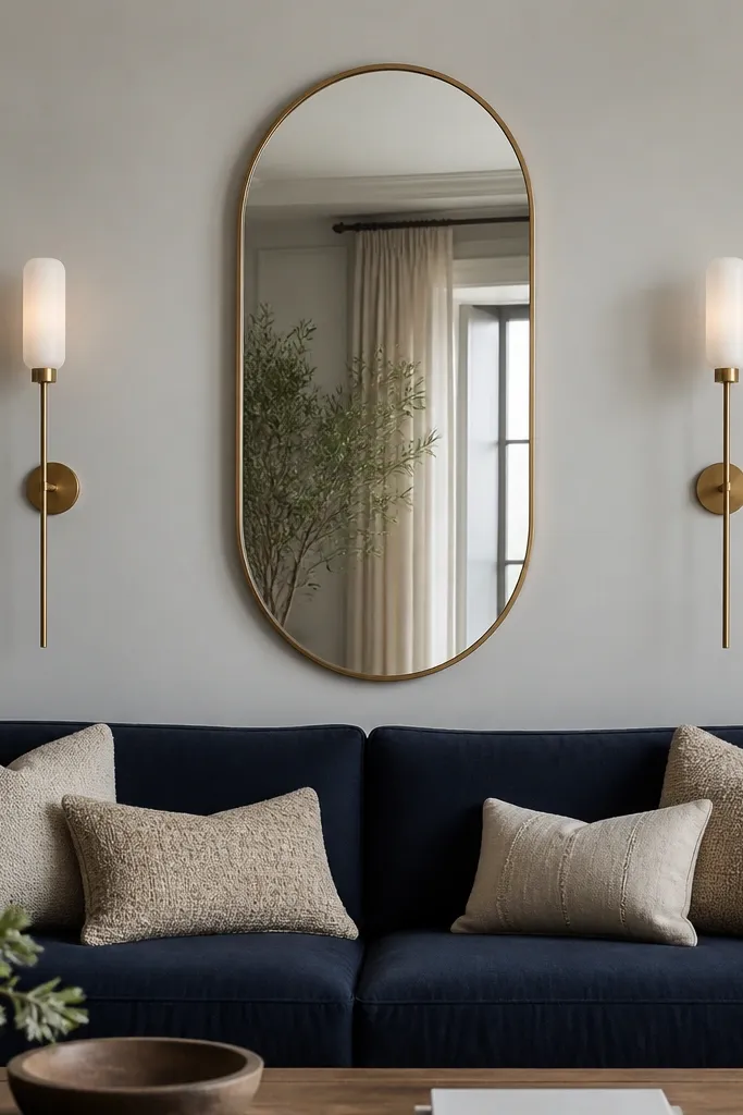 A light gray wall behind a sofa has a tall oval mirror centered, with two slim wall sconces mounted symmetrically on either side. The sconces have warm brass arms and white glass shades. The sofa is a deep navy, and there's a textured beige cushion mix.