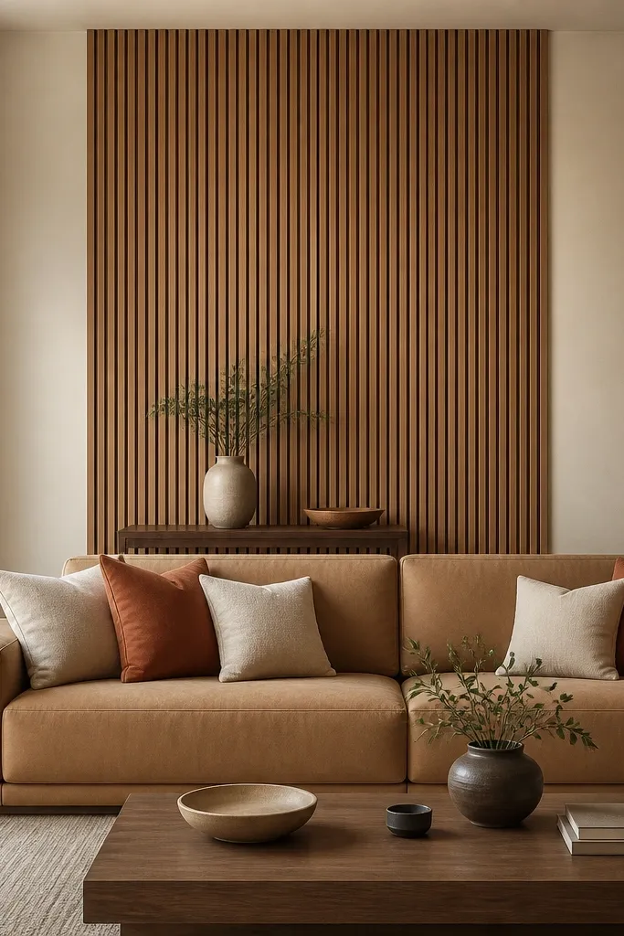 A warm oak slat panel is mounted on the wall behind the sofa, covering about half the wall width and centered. The slats are vertical, with narrow gaps and a matte finish. The sofa is light tan, and the cushions are cream and rust. A small console table sits under the panel with a ceramic vase.