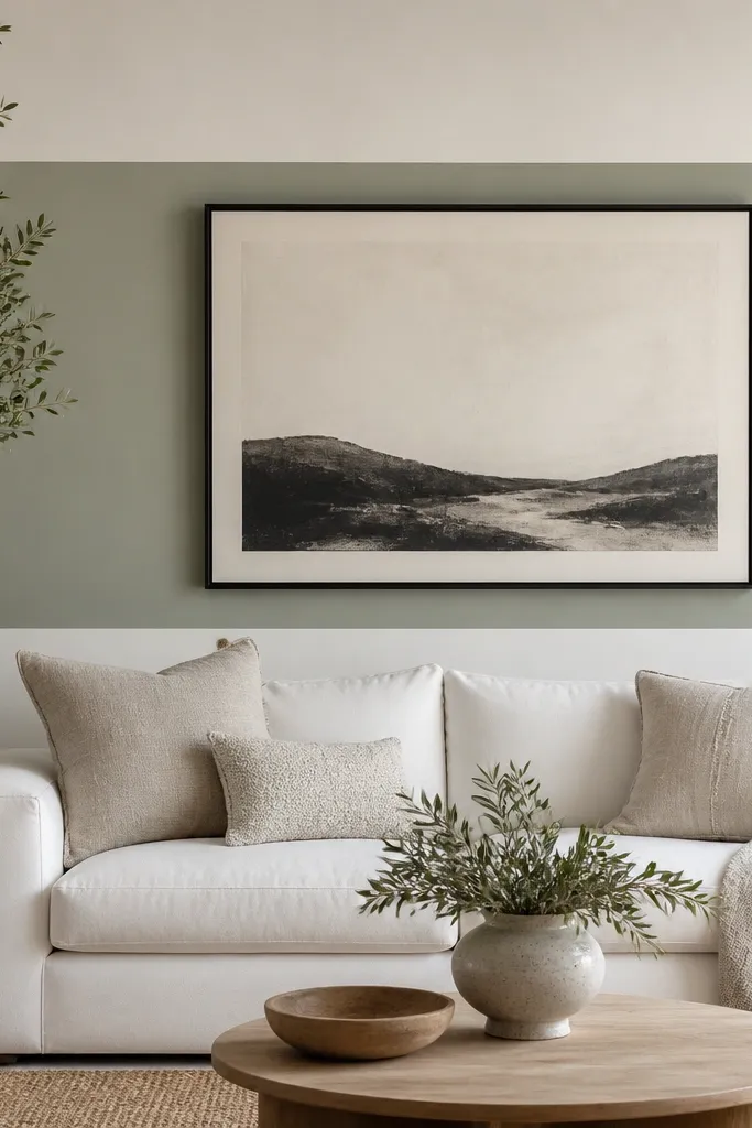 A sofa wall has a wide horizontal painted band in muted sage across the center behind the sofa. Above and below are creamy white. A large cream-and-charcoal framed print sits centered on the sage band. The sofa is white, with textured oatmeal cushions.
