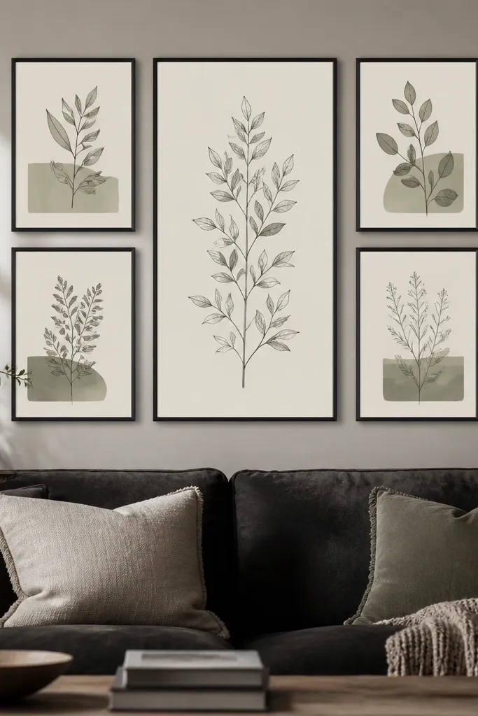 Behind a dark sofa, a gallery wall uses six identical thin black frames arranged in a grid with one taller vertical frame centered. The prints are botanical line drawings in off-white and muted green. The frames are evenly spaced with consistent gaps.