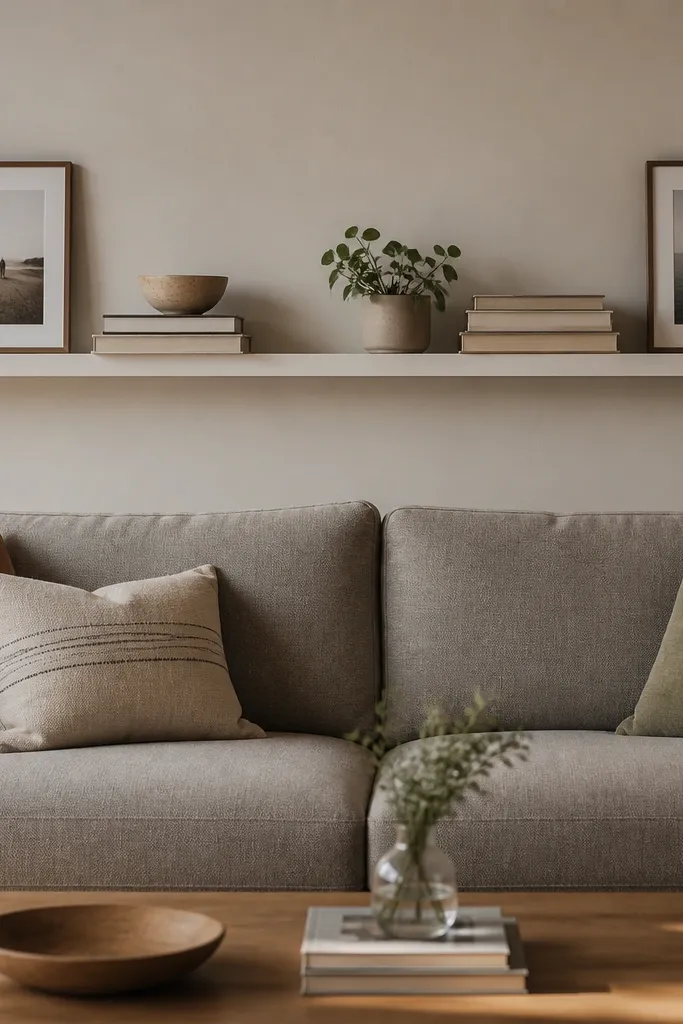 A warm white floating shelf runs horizontally behind a sofa, centered and spanning most of the wall width. The shelf sits about 12 inches above the sofa back. On the shelf are stacked books, a ceramic bowl, a small plant, and two framed photos at the ends.