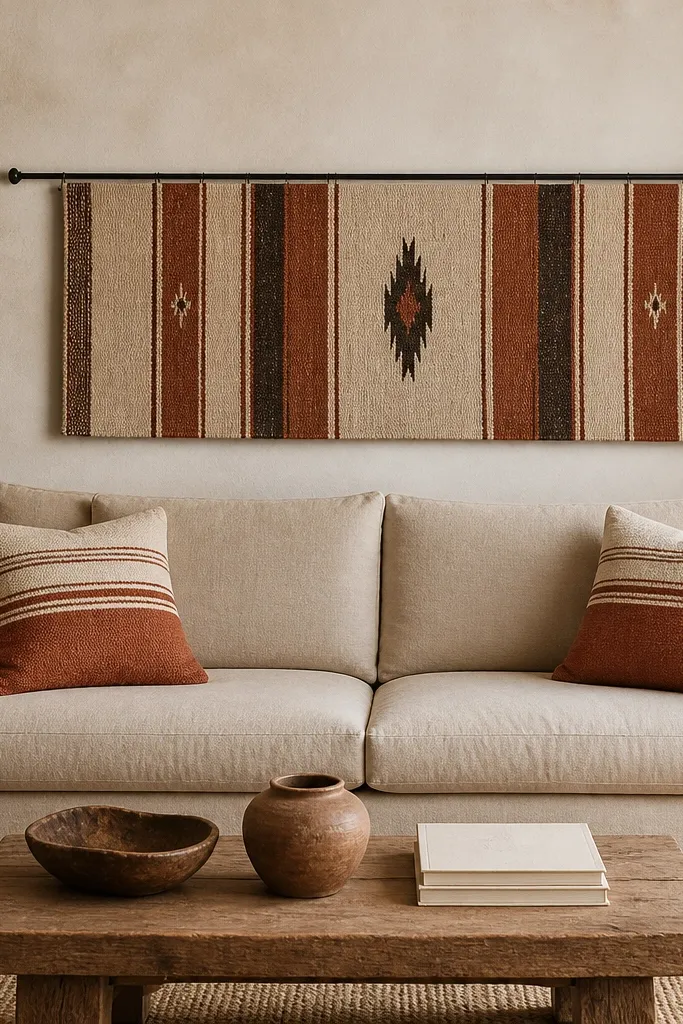 A large woven runner rug is mounted horizontally on the wall behind a beige sofa. The runner has a cream base with muted terracotta and dark brown stripes. A simple black rod holds it. There are two matching pillows in cream and rust on the sofa.