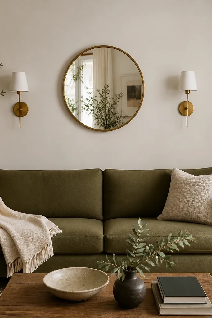 A small round mirror sits centered above a sofa, and two compact wall sconces flank it. The mirror has a thin gold frame, and the sconces have white shades with brass details. The sofa is olive green with a cream throw.