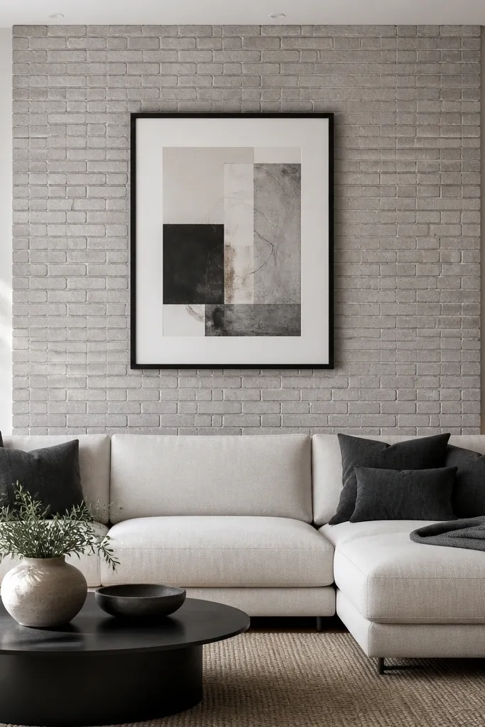 A faux brick peel-and-stick panel covers the center section of the sofa back wall. The bricks are light gray with subtle texture. A large black frame with a simple abstract print hangs centered on the panel. The sofa is off-white with dark charcoal pillows.