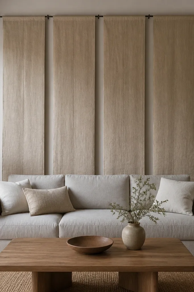 Behind a sofa, four vertical fabric panels hang from a tension rod mounted near the top of the sofa back area. The fabric is linen in warm beige, with natural texture. The panels are evenly spaced and fall straight. The sofa is a light gray, and there are minimal decor on the side tables.