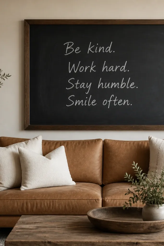 A matte chalkboard-painted rectangle sits centered on a beige wall behind a sofa. Inside the rectangle is a handwritten quote in light chalk. A simple dark wooden frame borders the chalkboard. The sofa is camel brown with white cushions.