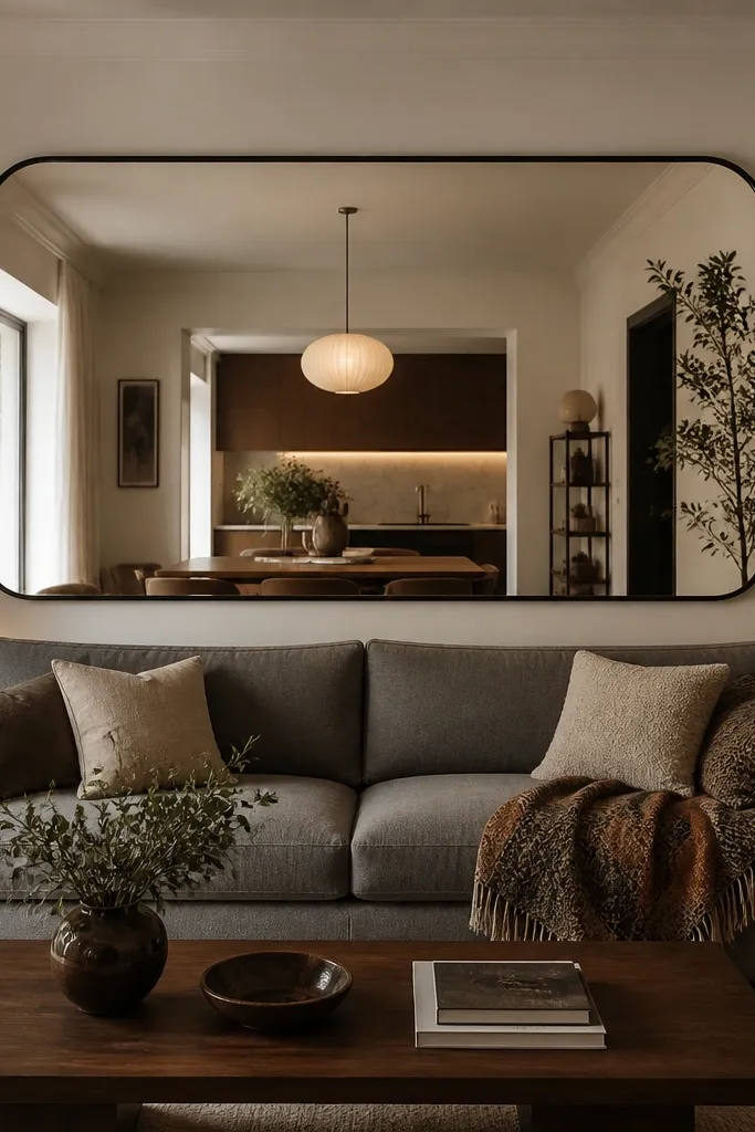 A large rounded-edge mirror is mounted on the wall behind a sofa, spanning most of the wall width. The mirror has a thin dark frame. The room has warm lighting and the sofa is mid-tone gray with a patterned throw.