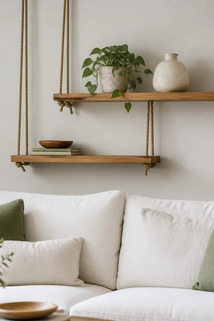 A simple rope shelf system is mounted behind a sofa. Two wooden shelves hang at different heights using thick natural rope. On the top shelf is a small potted plant and a ceramic vase. The sofa is white with green pillows.