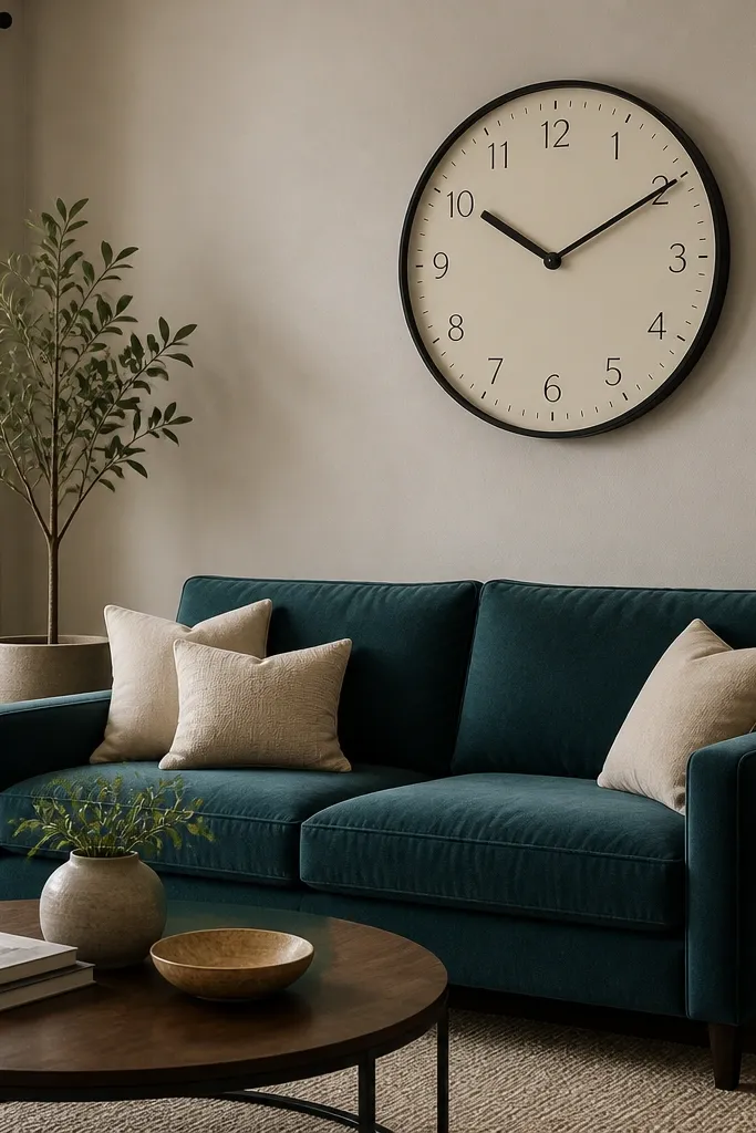 A large round wall clock is mounted slightly off-center above a sofa. The clock face is off-white with black numerals and a thin black frame. A small framed photo sits on the opposite side table. The sofa is deep teal with beige cushions.