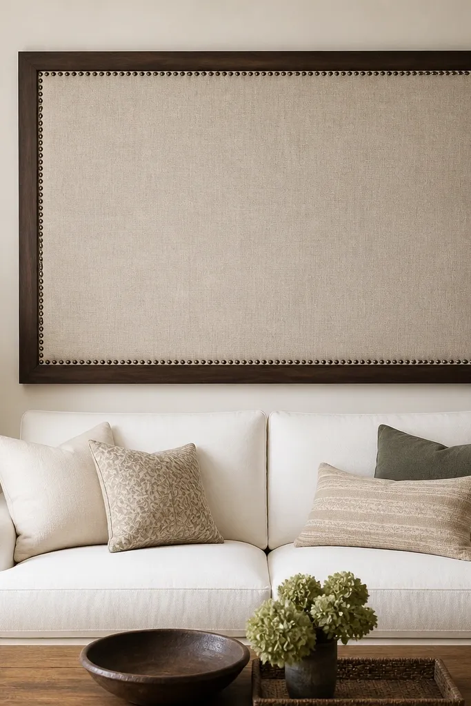 A large framed fabric panel hangs behind a sofa. The frame is dark wood, and the upholstery inside is textured oatmeal linen with nailhead trim along the edges. The sofa is white, and the room has warm wood side tables.