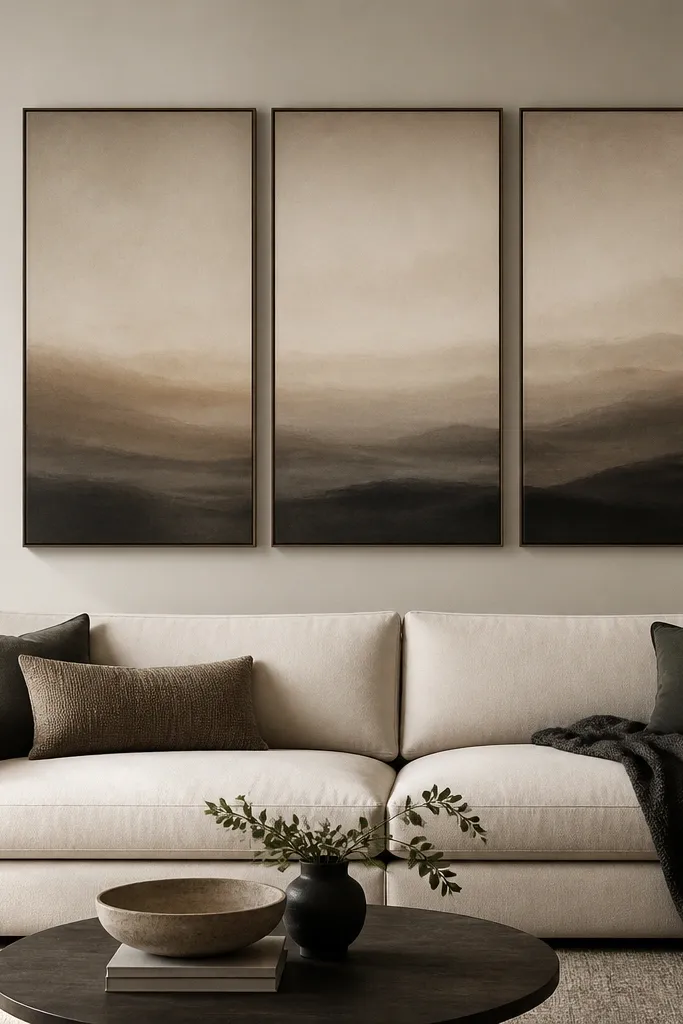 A three-panel canvas triptych hangs centered behind a sofa. Each panel is vertical and has a muted abstract gradient in sand, taupe, and charcoal. The frames are thin and the panels have slight spacing between them. The sofa is cream with a dark throw blanket.