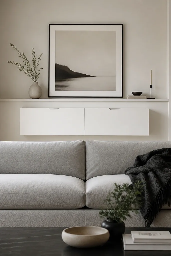A wall-mounted floating cabinet with two doors sits behind the sofa, centered. The cabinet is matte white with recessed handles. Above it, a small shelf line runs across, and a large framed print hangs just above the cabinet. The sofa is light gray with a dark throw.