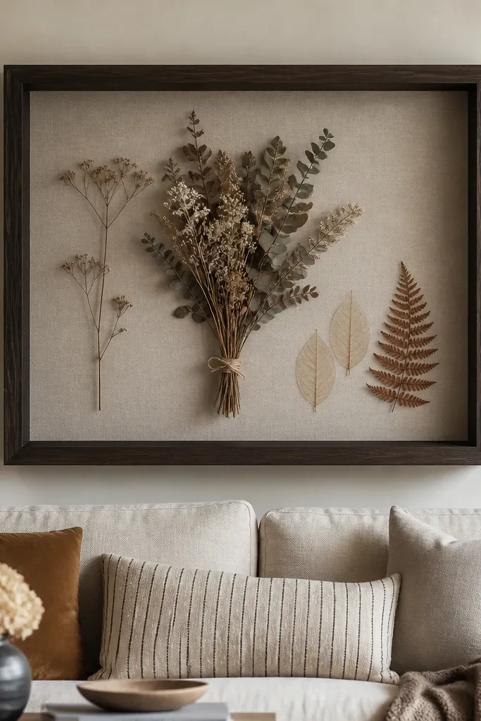 A deep shadow box is mounted behind a sofa. The frame is dark wood and the inside has layered materials: a linen backing, a small dried bouquet, and a few flat botanical pieces. The shadow box is centered and larger than a typical frame.