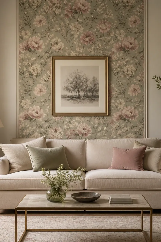 A wallpaper panel covers only the center section of the wall behind the sofa, with floral pattern in muted greens and dusty pink. The panel is framed by plain painted wall on both sides. A simple gold frame hangs centered within the wallpaper area. The sofa is neutral beige.