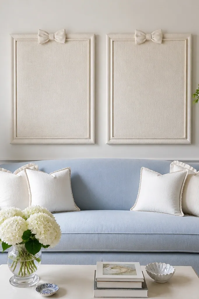 Two matching framed fabric panels hang on the wall behind a sofa, one slightly left and one slightly right of center. Each panel has a soft bow-like fabric detail at the top center of the frame. The upholstery fabric is light ivory with subtle texture. The sofa is light blue with white cushions.