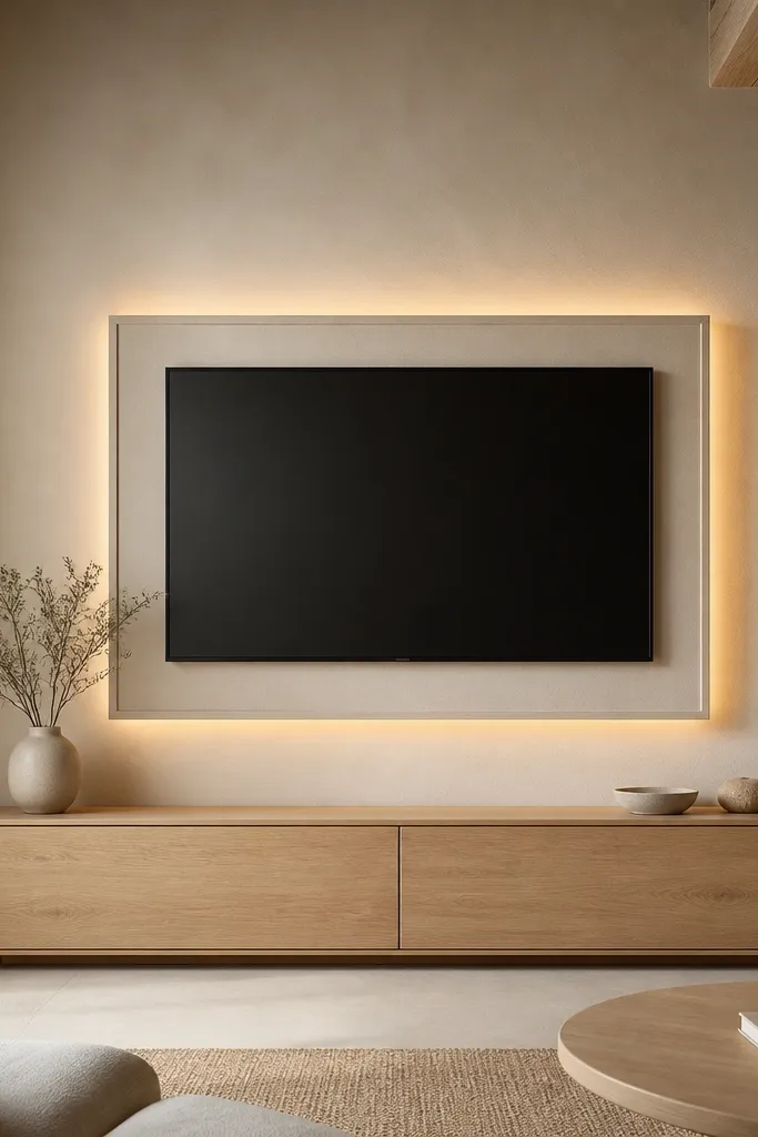 A flat, warm off-white plaster-look wall with a centered TV. The TV is surrounded by a clean rectangular frame in the same color family but slightly darker, with a thin inner border line. Below the TV is a low media console in light oak with two doors. Warm LED strip lighting glows subtly from behind the TV frame.