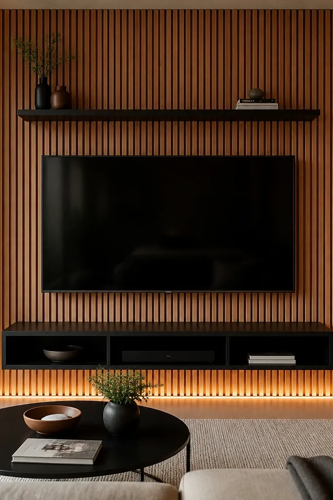 A TV wall covered in vertical oak slats with a natural honey tone. The TV is centered, and above it sits a matte black floating shelf. Under the TV is a simple black console with open storage. Warm light washes upward from concealed LED channels at the base of the slats.