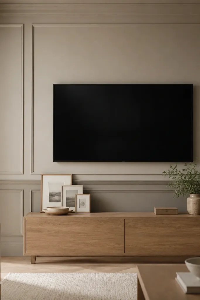 A TV wall with classic-looking wainscoting panels. The upper section behind the TV is warm greige, while the lower trim panels and border are a slightly deeper greige. The TV is centered in a rectangular panel opening. A white oak console sits beneath, with a few neutral frames on top.