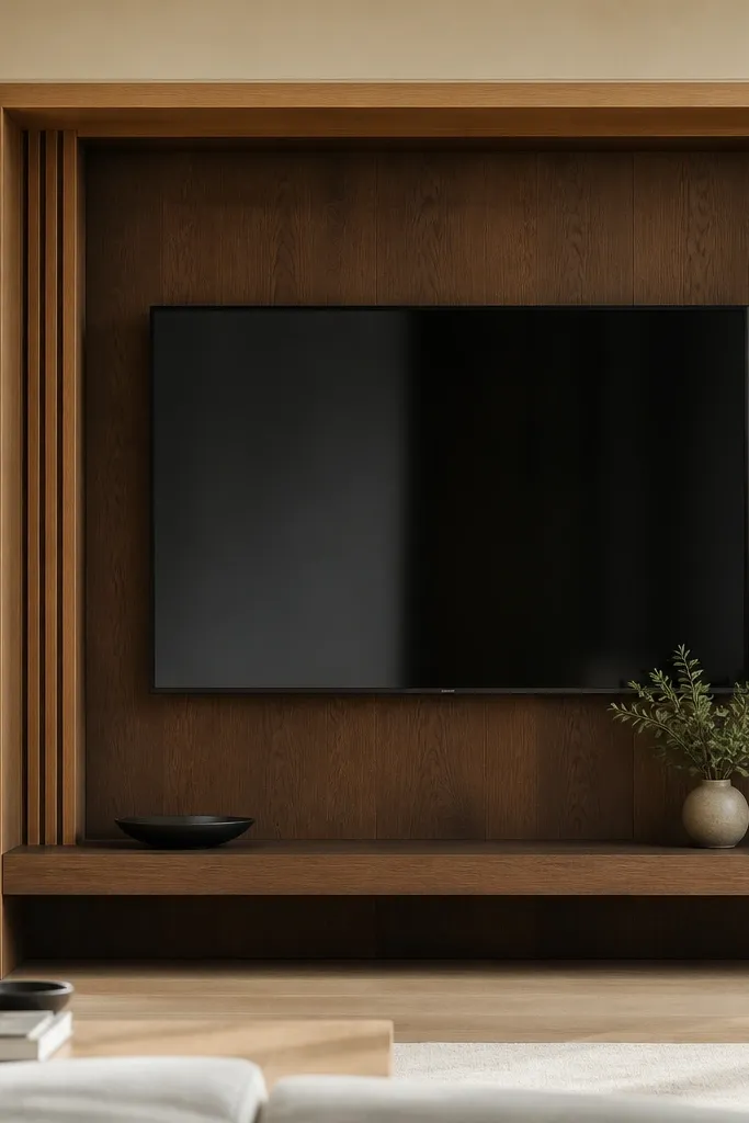 A TV set inside a wood frame that looks like a built-in cabinet. The inner area is a darker stained wood, while the outer frame is lighter oak. The TV sits recessed by a few centimeters. The sides have slim vertical grooves, and there's a matching wood shelf below.