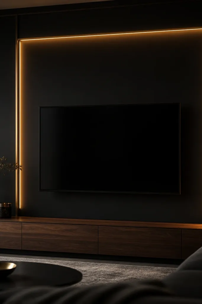 A matte black TV wall with a centered TV. Thin gold metal strips create a rectangle around the TV, and a warm gold LED linear light runs along the top and sides. The media console is a low walnut cabinet. The room lighting is dim, making the gold lines glow.