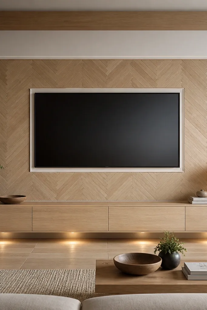 A TV wall where the area behind the TV is clad in white oak herringbone pattern panels. The TV is centered and surrounded by a simple white border frame. Below is a long low media console in pale oak. Warm lighting comes from small recessed spots along the base.