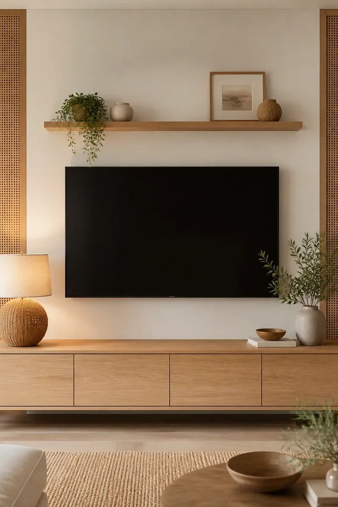 A TV wall with a centered TV on a smooth warm white wall. On both sides are vertical cane webbing panels framed in light oak. There's a narrow floating shelf above the TV and a rattan-textured lamp on the console. Lighting is soft and warm.