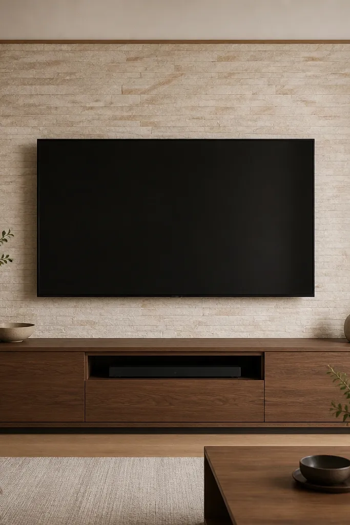 A TV wall where only a rectangular area behind the TV has stone-look wallpaper. The stone pattern is light cream with subtle beige veining. A thin wood border frames the stone area. The media console is medium walnut with a simple matte finish.