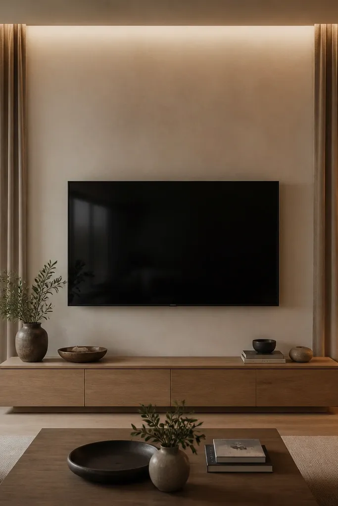 A centered TV mounted on a wall with floor-to-ceiling curtains on both sides. The curtains are a warm taupe linen blend, hanging from a ceiling track. The TV is set in the middle with a low oak console below. Soft lamp light makes the curtain folds glow.