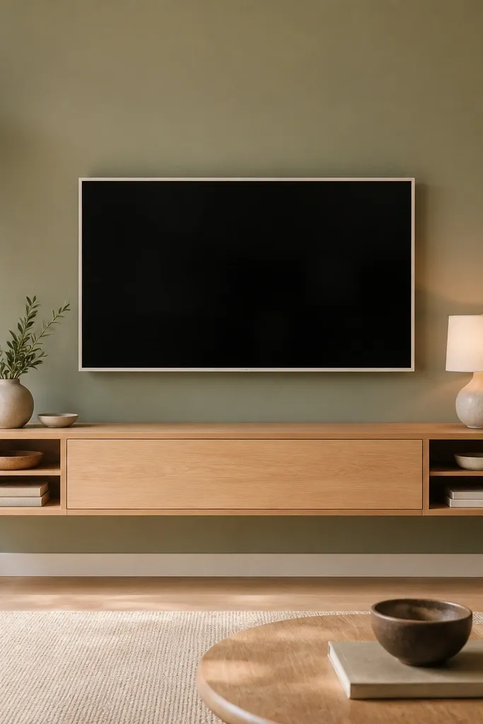 A soft sage green wall with a centered TV. The TV has a thin white trim border. Below it is a floating media credenza in white oak, with open shelves on the sides. The room has warm lighting and minimal decor.