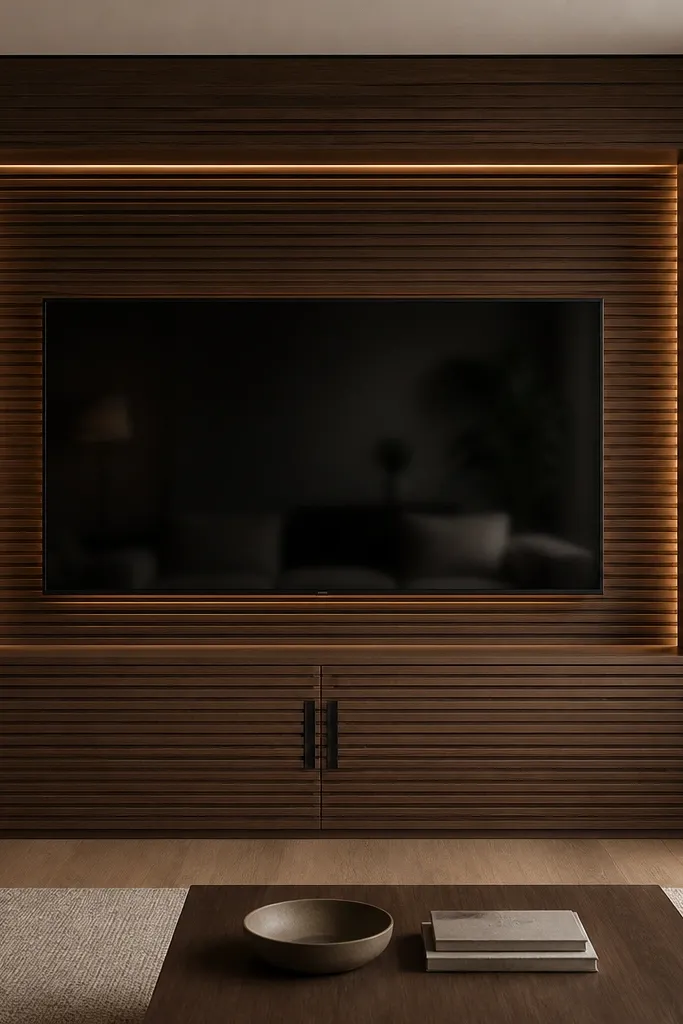A walnut slat cabinet wall surrounds the TV. The slats are horizontal, and there are two slim cabinet doors below with vertical handles. The TV is mounted in the center, and the slat texture continues around it. Warm LED light glows from inside the cabinet edges.