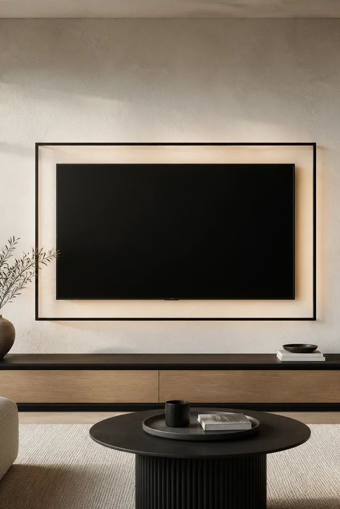 A bright white microcement textured wall behind the TV. A thin matte black rectangular frame outlines the TV. Underneath is a low black-and-oak media console. The wall texture is visible in the light, and there's a subtle warm LED glow from behind the frame.