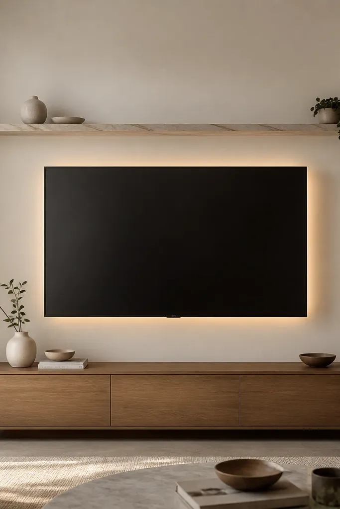 A centered TV mounted on a warm off-white wall with a thin rectangular frame. Above the TV is a slim marble-look ledge in light beige. The ledge spans slightly wider than the TV. Below is a low wood console, and warm LED lighting runs behind the TV.