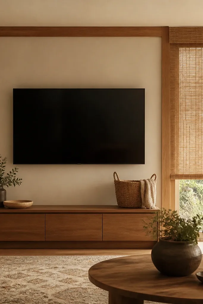 A TV mounted on a wall with a rattan roller shade covering a window or part of the wall. The TV is centered on a neutral wall with warm oak trim around it. The media console is simple and low, with a woven basket on one side. Lighting is warm and soft.