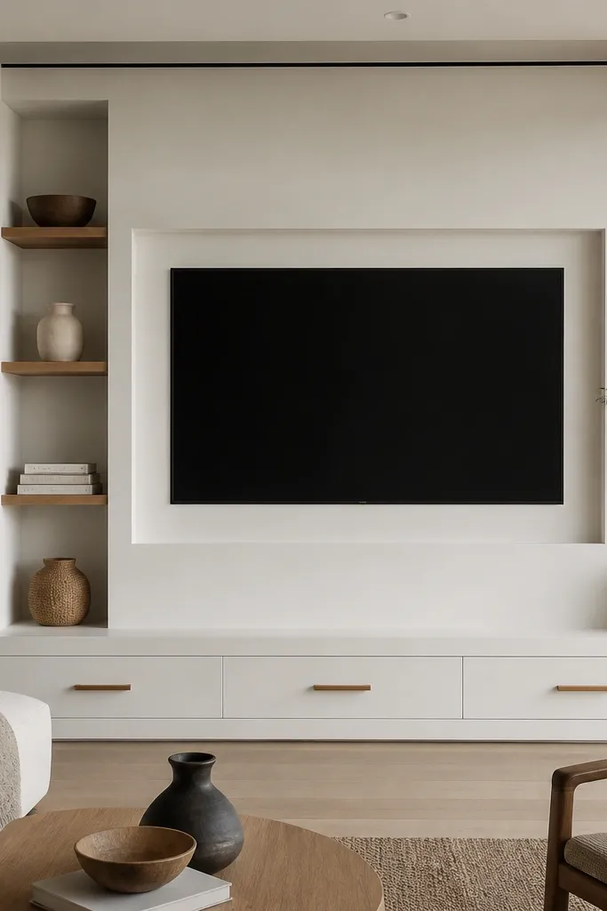 A matte white TV wall with a built-in style cabinet opening. The TV sits flush to the wall plane with a clean border. Cables disappear into a hidden chase behind a panel. The media console is also matte white with oak drawer pulls.