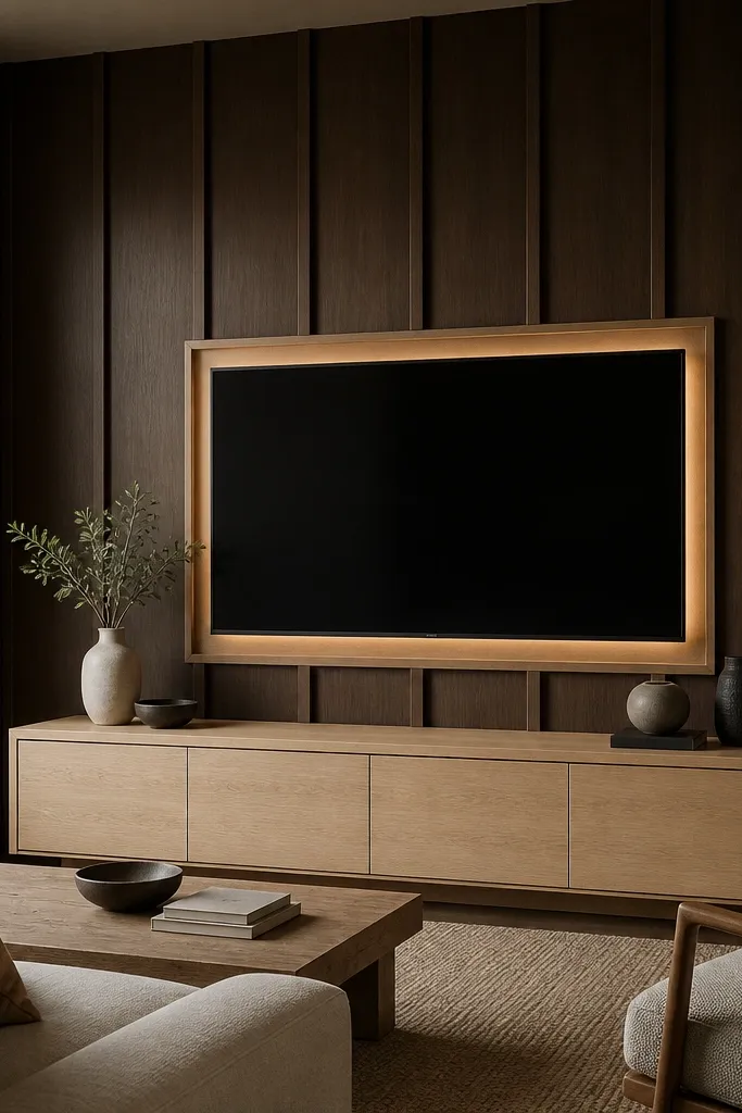 A dark walnut board-and-batten wall behind the TV. Vertical battens create tall shadow lines. The TV is centered with a lighter trim border. Warm backlight glows softly around the TV. The console is light oak with a simple profile.