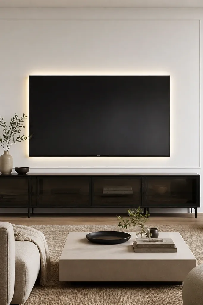 A crisp white TV wall with a thin white-on-white frame. The TV is centered. Below is a smoked glass media cabinet with dark metal legs. A warm LED strip runs behind the TV, and the room has neutral furniture.