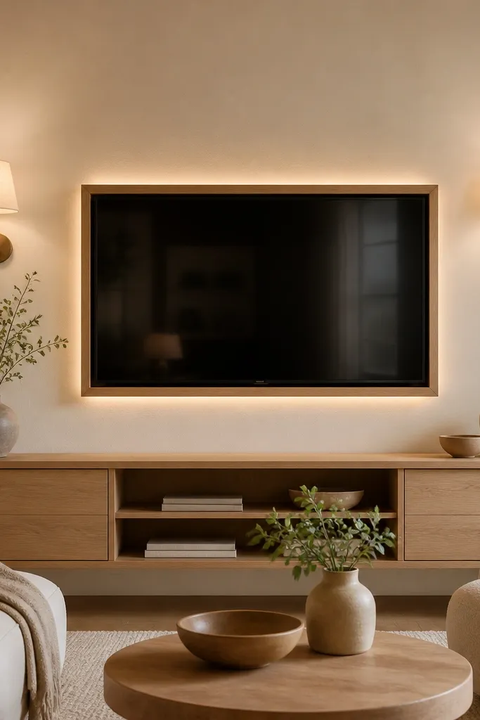 A warm cream wall with a centered TV framed in light wood. Two matching wall sconces with cream fabric shades flank the TV, one on each side. There's a warm LED glow behind the TV. The media console is light oak with soft neutral décor.
