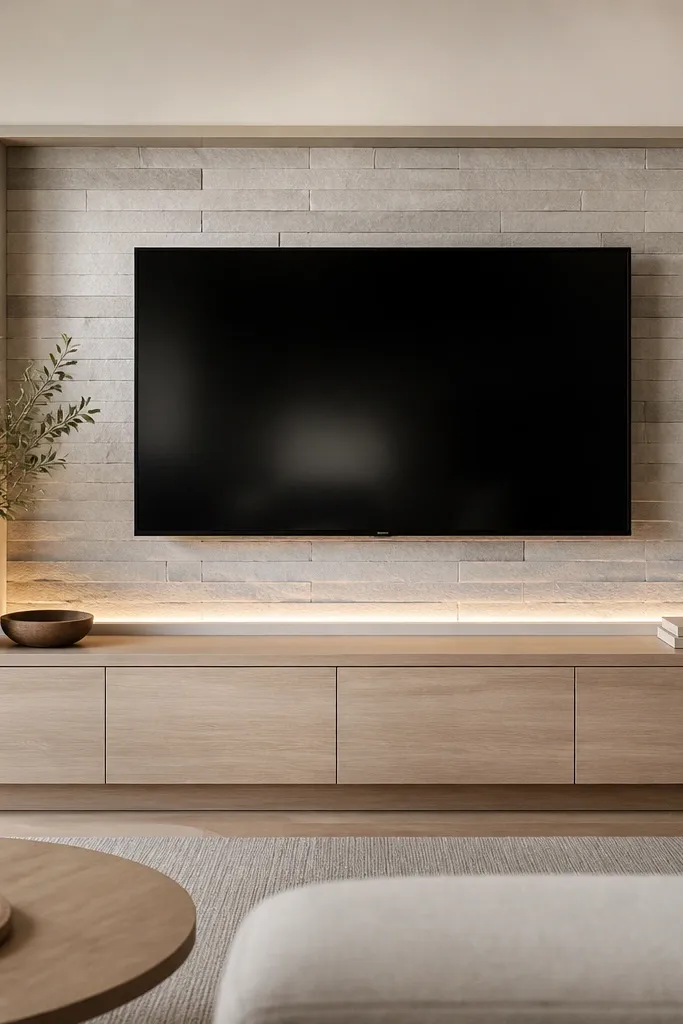 A TV wall with a backsplash-like stone tile pattern in a rectangular area behind the TV. The tile is light gray with subtle texture. The TV sits centered in a niche framed by simple trim. A warm LED strip runs under the niche border, and the console is pale wood.